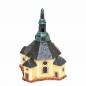 Mobile Preview: Keramik Lichthaus Seiffener Kirche mit gelblichen aussenmauern , dunklem Dach und angedeuteten kupferverzierungen