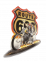 Preview: Blechschild Wandschild route 66 mit Motorrad und brennender strasse