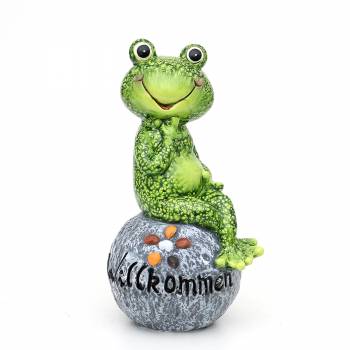 Keramik Frosch sitzend auf Stein "Willkommen"