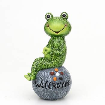Keramik Frosch sitzend auf Stein "Willkommen"