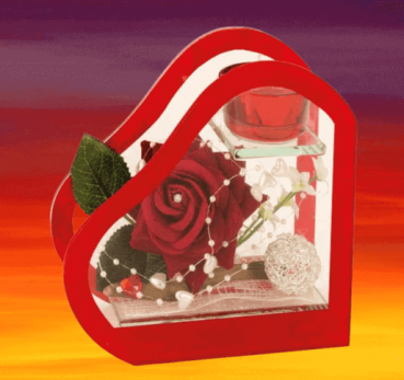Glasdeko ration Herz auf der Seite liegend mit roter Rose und integrierten Teelichthalter