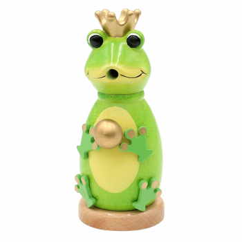 Räucherfigur Froschkönig in einem knalligen Froschgrün mit Krone und goldenem Ball