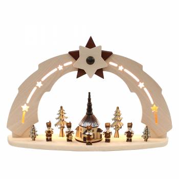 Lichtbogen mit Seiffener Kirche und Spielkmannszug mit indirekter LED Beleuchtung