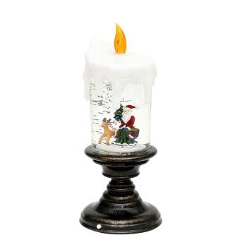 Kupferfarbener Kerzenständer durchsichtige Kerze mit Figuren im inneren und orangener Flamme