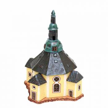 Keramik Lichthaus Seiffener Kirche mit gelblichen aussenmauern , dunklem Dach und angedeuteten kupferverzierungen