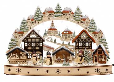 Schwibbogen Weihnachtsmarkt verschneit Acrylglas Schneemannfiguren