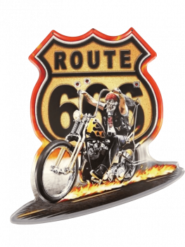 Blechschild dekorativ farbig gestaltet mit Route 66 und Motorrad