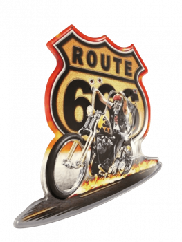 Blechschild Wandschild route 66 mit Motorrad und brennender strasse