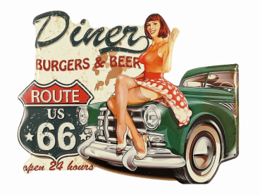 Blechschild Retro American Diner Route 66 Pinup
