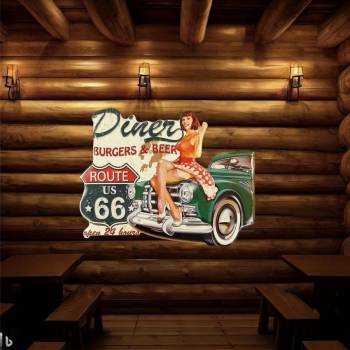Blechschild Retro American Diner Route 66 Pinup holzwand