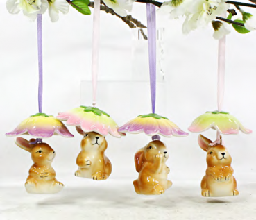 zum hängen Strauchbehang Dolomit Hasen mit Blütenschirm  staruchbehang porzellan osterdekoration