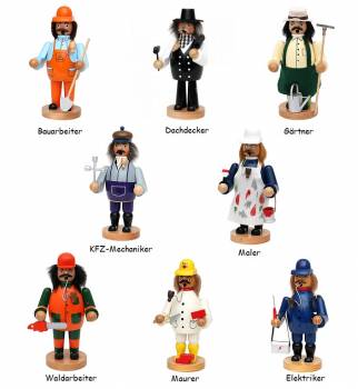 Räucherfiguren mit typischen Handwerkerberufen. Bauarbeiter,Dachdecker,Gärtner KFZ-Mechaniker, Maler, Waldarbeiter, Maurer, Elektriker
