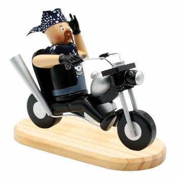 Räucherfigur raeuchermaennchen Räuchermann Rocker auf Motorrad mit einer Hand am Lenker und eine in die höhe gestreckt