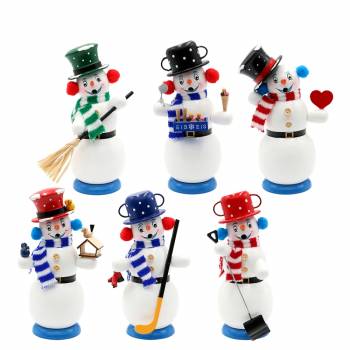 Räucherfiguren Schneemann lustig mit verschiedenen Hüten, Schals und Utensilen