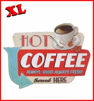 Hot in roter Schrift auf weißem Grund und Coffee in weißer Schrift auf rotem Grund mit großem blauen Pfeil und einer einladenden Tasse Kaffee