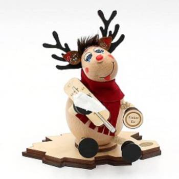 Räuchermännchen lustigerRäucher-Elch-mit-großem-Thermometer-Medizin-rotem-Schal. Räucherfigur räuchert zwischen dem Geweih originale Erzgebirge Holzkunst
