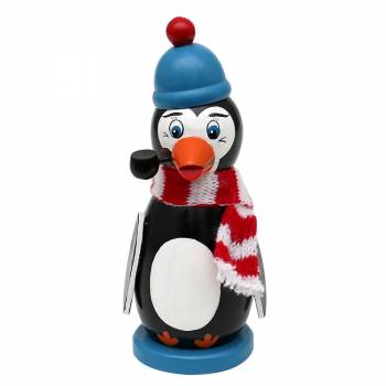 Räucherfigur raeuchermaennchen  Räuchertier Pinguin mit schwarzem Bauch einer blauen Mütze mit roter Bommel und einem rot weiß gestreifem Strickschal