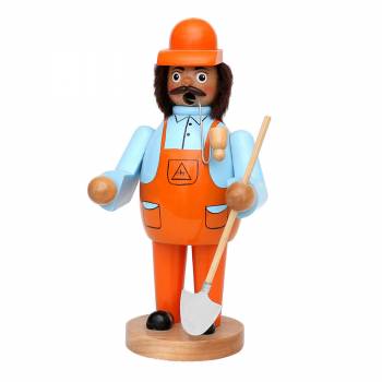 Räuchermännchen Bauarbeiterfigur mit orangener Arbeitshose und Helm. Mit Schaufel in der Hand