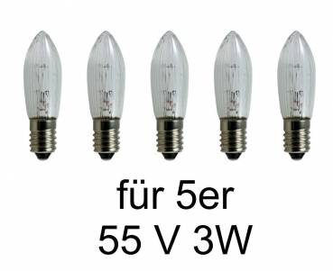 fünf Ersatzglühlampen  55V 3W für Leuchtgehänge, Schwibbogen Pyramiden usw