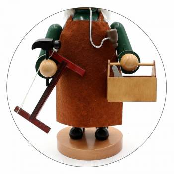 Räucherfigur Räuchermännchen Handwerker Tischler mit brauner Lederschürze Säge und Werkzeugkoffer