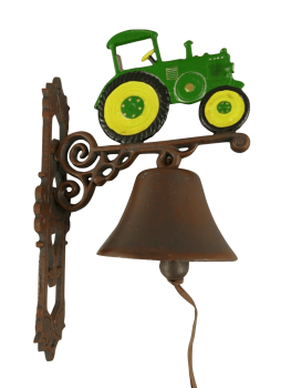 Haus / Wandglocke aus Gusseisen, zum befestigen an der Wand Motiv: grüner Traktor mit gelben Rädern gruen gelb