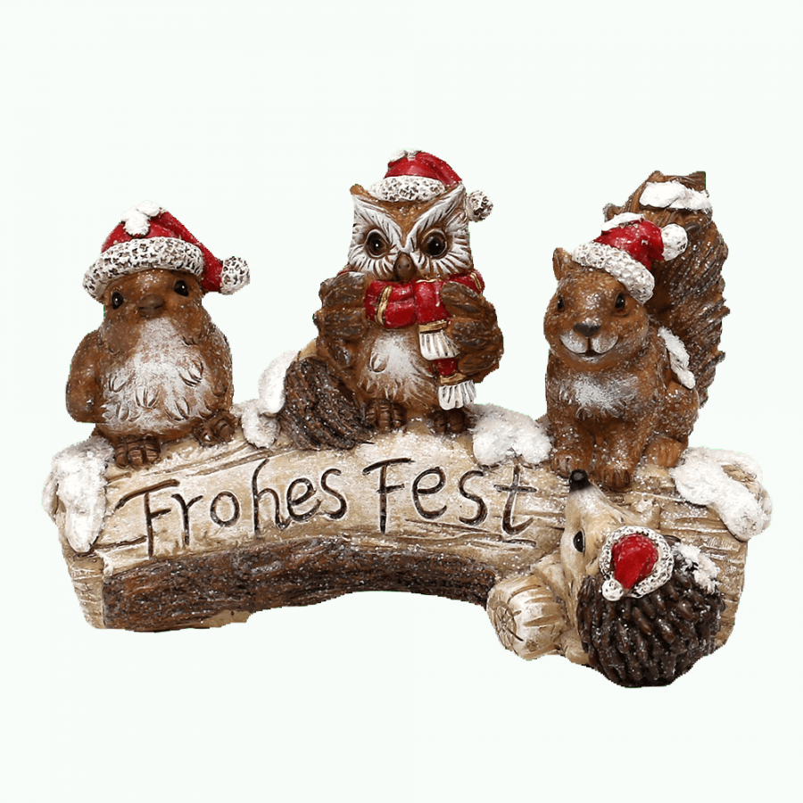 vier süße Waldtiere , Eule, Eichhörnchen,Spatz,Igel auf Baumstamm mit der Schrift, Frohes Fest