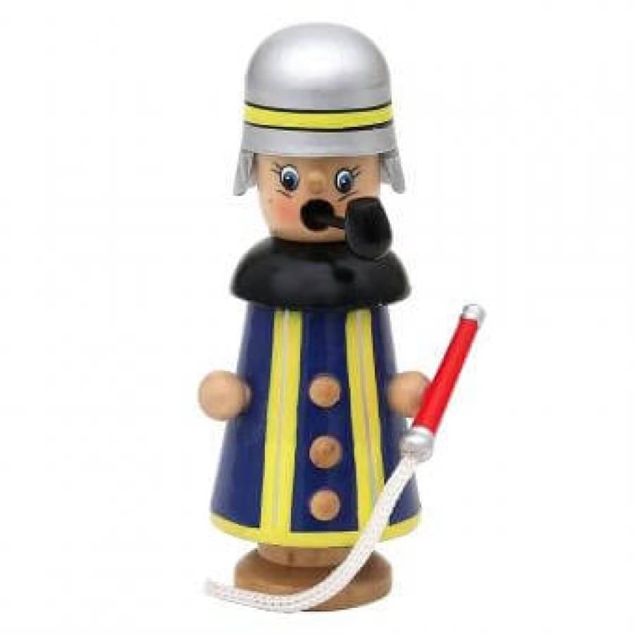 Räuchermännchen Feuerwehrmann figur mit blauer Uniform silbernem Helm und rotem Schlauch