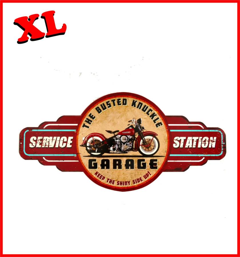 längliches rotes Schild mit großem Kreis mit Motorrad links Service rechts Station