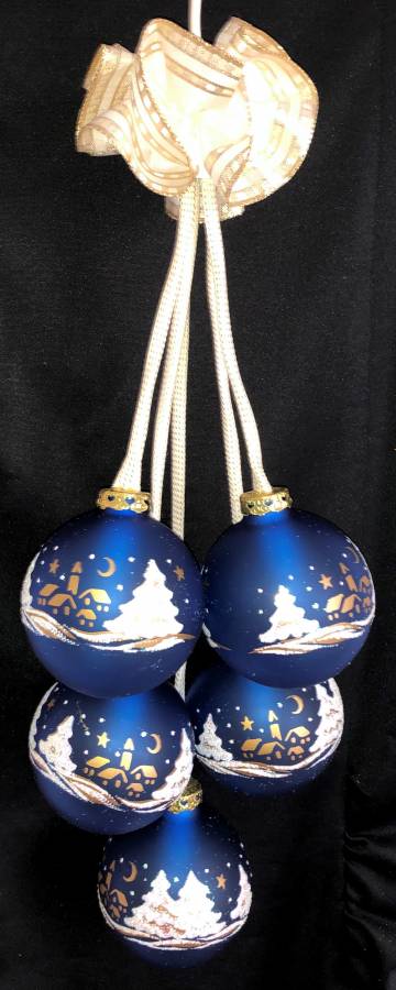 Glaskugelschmuck blau fünf Kugeln mit Dorfmotiv