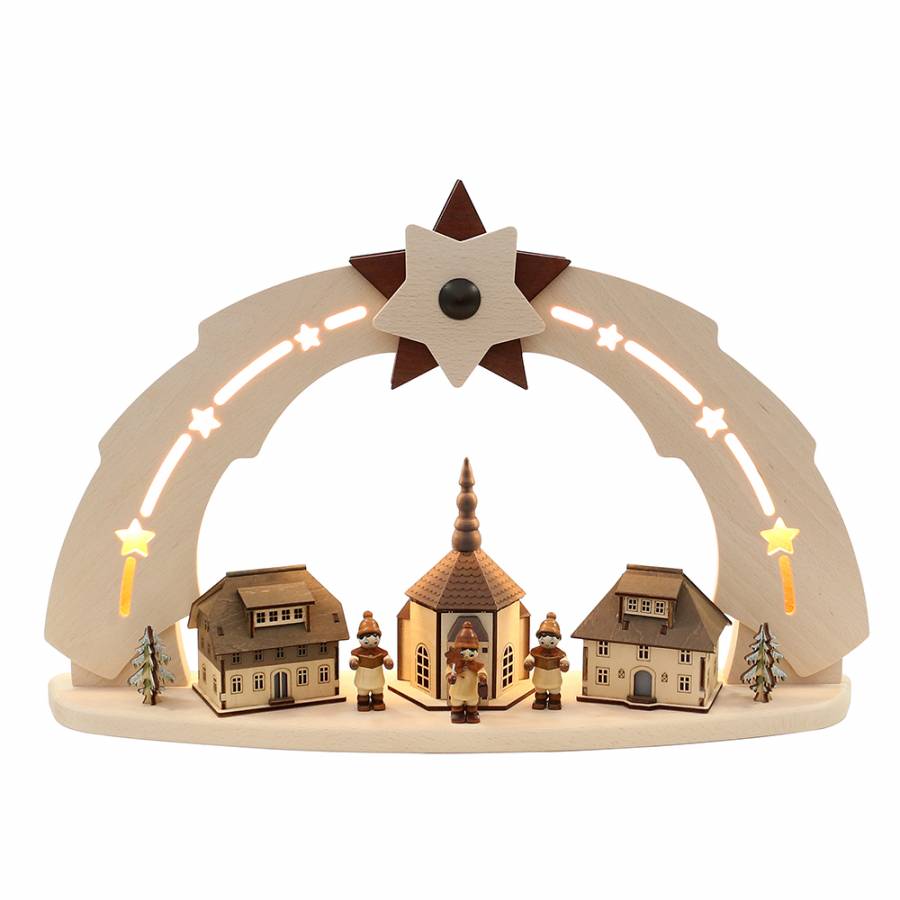 Lichtbogen mit Seiffener Kirche und Figuren indirekt von LED beleuchtet