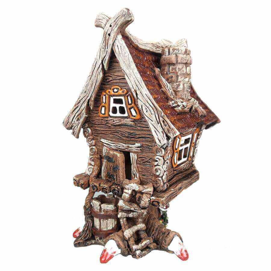 Keramik Hexenhaus mit Hühnerfuß in braun mit gräulichem Gibel und halboffener Türvorderseite