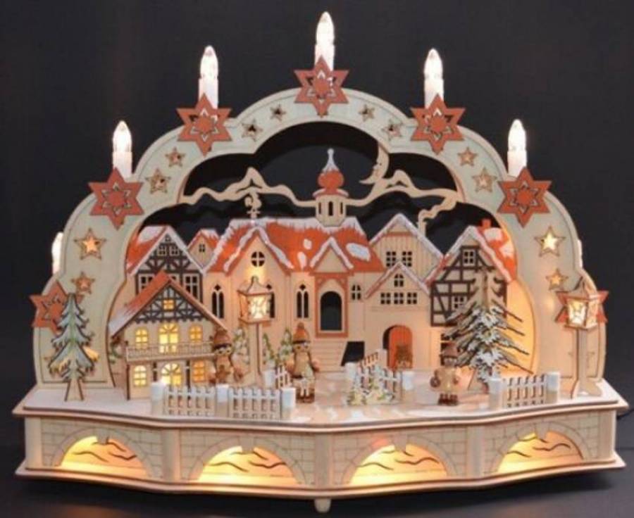 Schwibbogen 3D  mit farbigen Häuschen und Miniaturfiguren