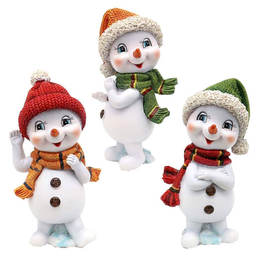 winkender schneemann mit roter Mütze und orangenen Schal, schneemann mit verschränkten armen ,grüner Mütze und rotem Schal, Klatschender schneemann mit orangener Mütze und grünem Schal