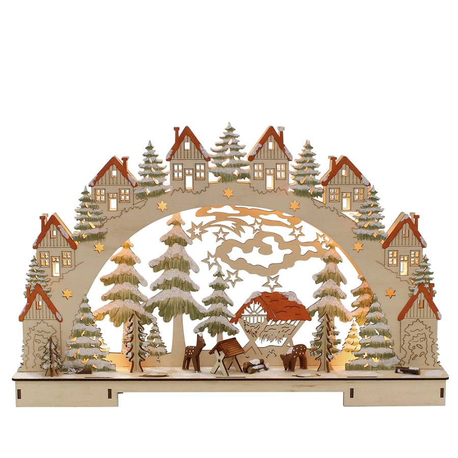 3D Lichterbogen zwei braune Rehe an einer Futterkrippe unter grünen Bäumen umrandet von einem Dorf