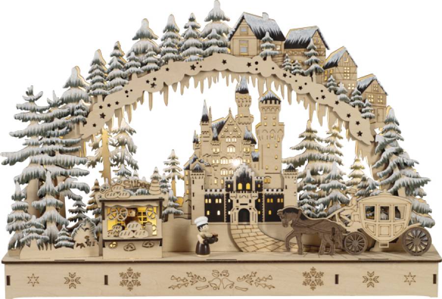 Schwibbogen Neuschwanstein mit Marktbude und Kutsche