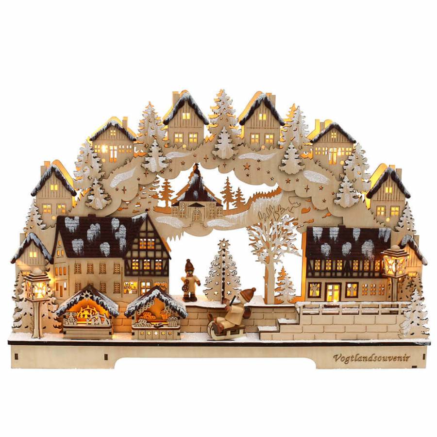 doppelter Schwibbogen mit acht kleinen Häusernim Bogen, zwei großen Fachwerkhäusern, zwei Weihnachtsständen,zwei Winterfiguren und einem veschneitem Baum