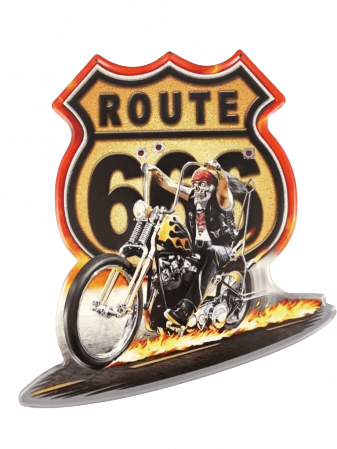 Blechschild dekorativ farbig gestaltet mit Route 66 und Motorrad