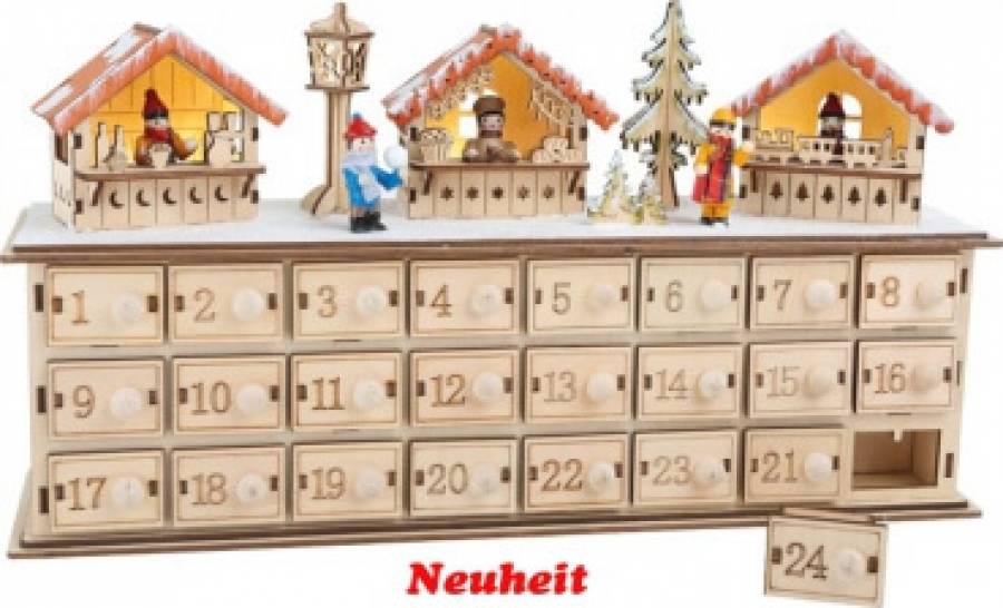 Adventskalender mit vierundzwanzig kästchen oben drauf drei Weihnachtsmarktstände ein Baum eine Laterne und zwei Winterfiguren