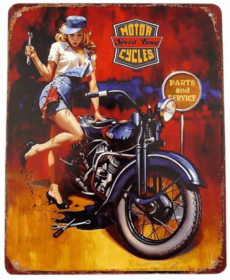 Belchschild Eisenschild zur Wanddekoration mit Pinupgirl und Motorrad