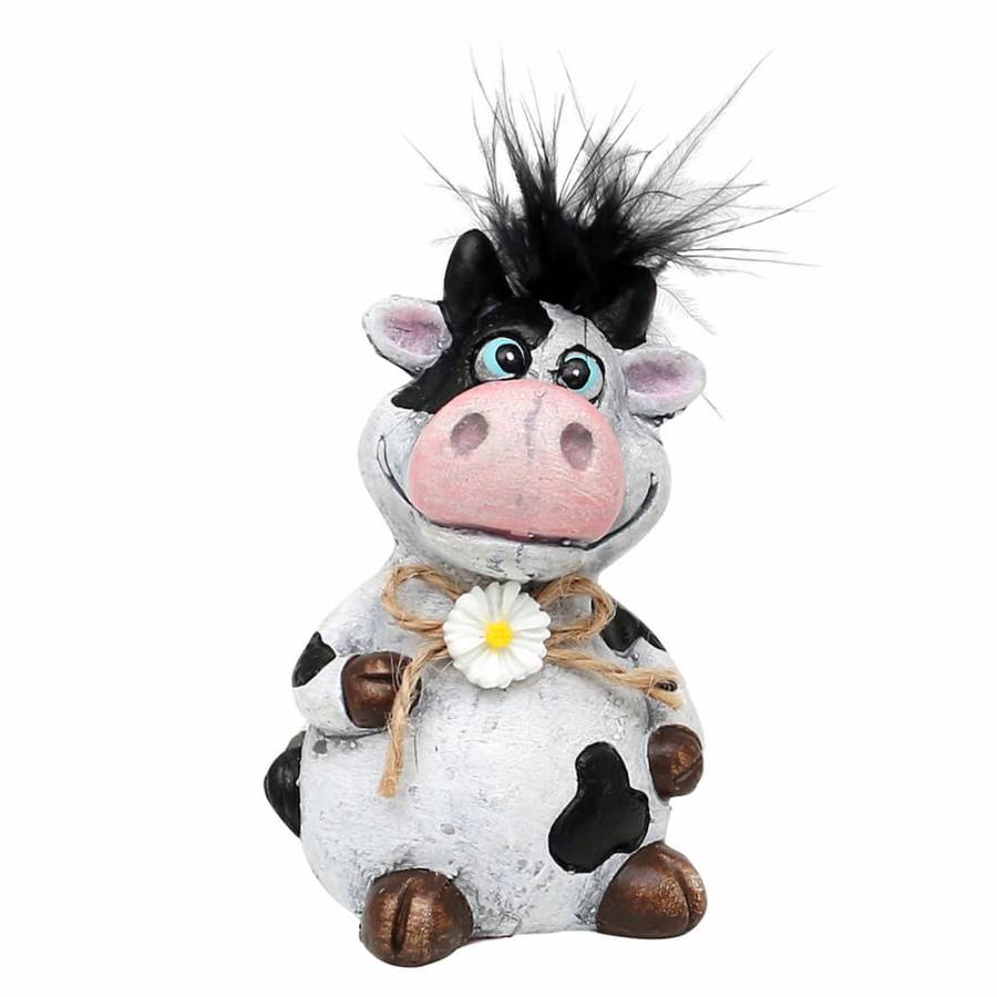lächelnde Wuschelhaar Kuh mit Blume als Halsband