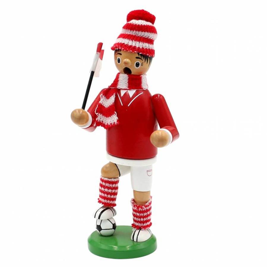 Räucherfigur Fussballer Fussballfan mit Schal, Mütze und Fahne in den Vereinsfarben Rot-Weiß