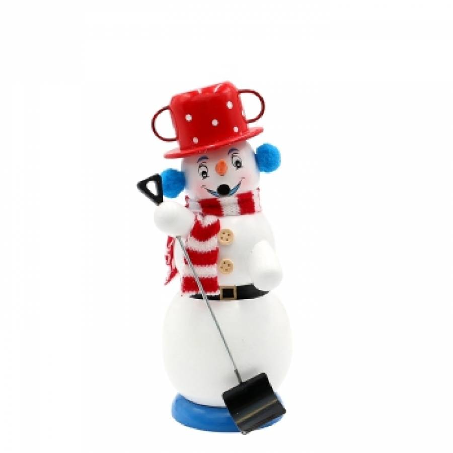raeuchermann schneemann mit schneeschaufel und lustigem roten hut