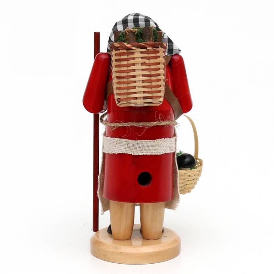 Räucherfigur Räucherfrau raeuchermaennchen Pilzsammlerin im roten Kleid mit Korb auf dem Rücken und belüftungsöffnung hinten
