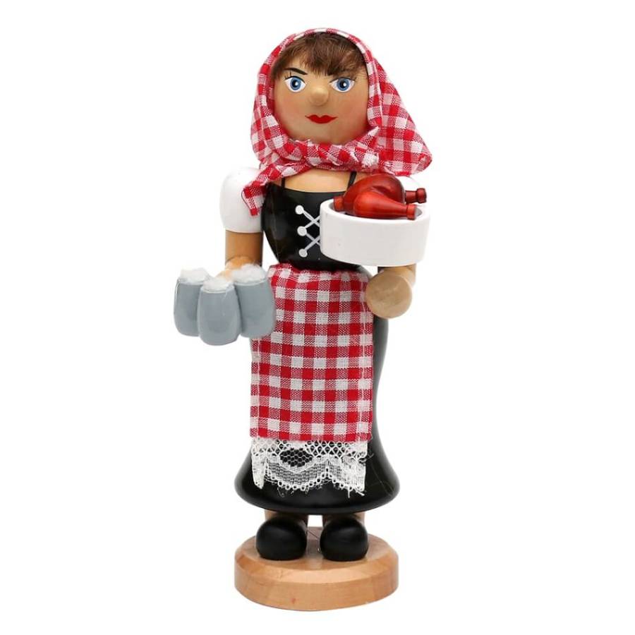 Räucherfigur Kellnerin, Räuchermännchen Bedienerin Oktoberfest mit Bier und Hähnchen rot/weiße Schürze und Kopftuch aus Stoff