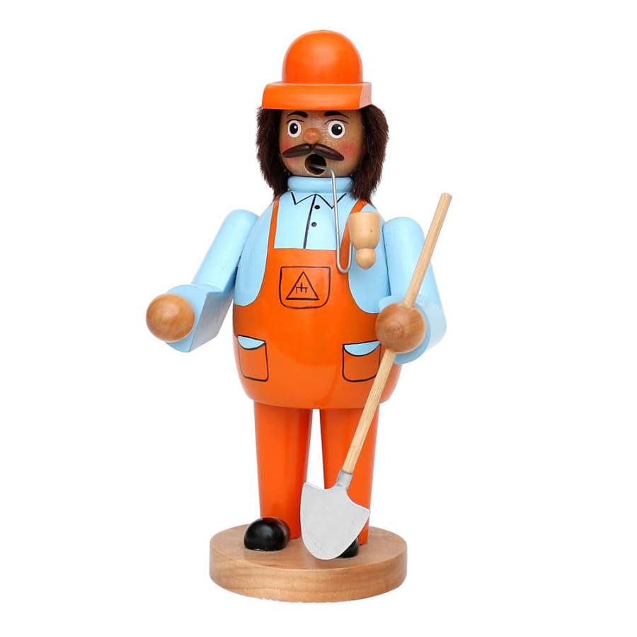 Räuchermännchen Räuchermann mit blauem Hemd, Orangener Latzhose und Orangenem Helm mit Schaufel in der linken Hand
