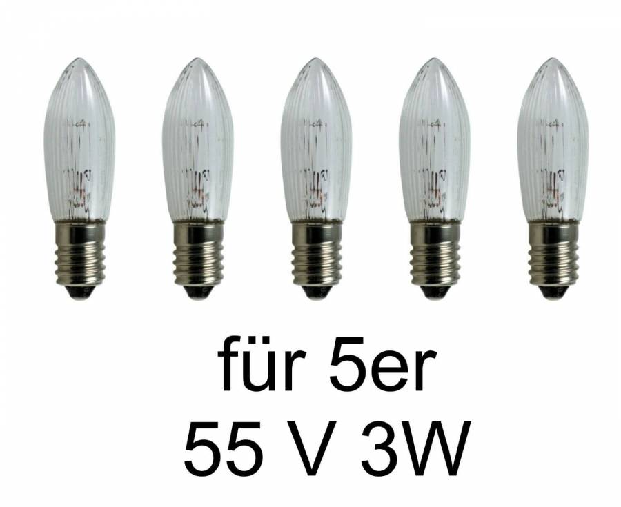 fünf Ersatzglühlampen  55V 3W für Leuchtgehänge, Schwibbogen Pyramiden usw