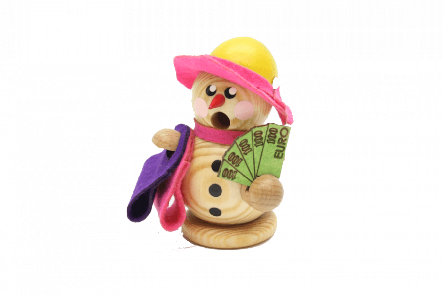 Räucherfigur raeuchermaennchen Räucherfrau Shoppingqueen Schneefrau  mit gelbem Filzhut mit rosa Krempe. Dazu zwei Umhängetaschen in rosa und blau und 500 €