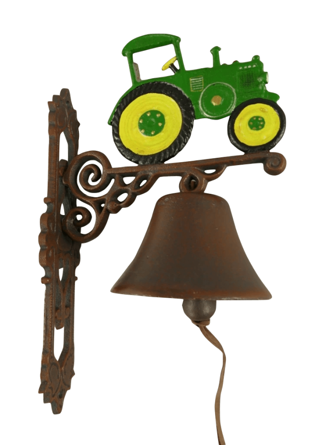 Haus / Wandglocke aus Gusseisen, zum befestigen an der Wand Motiv: grüner Traktor mit gelben Rädern gruen gelb