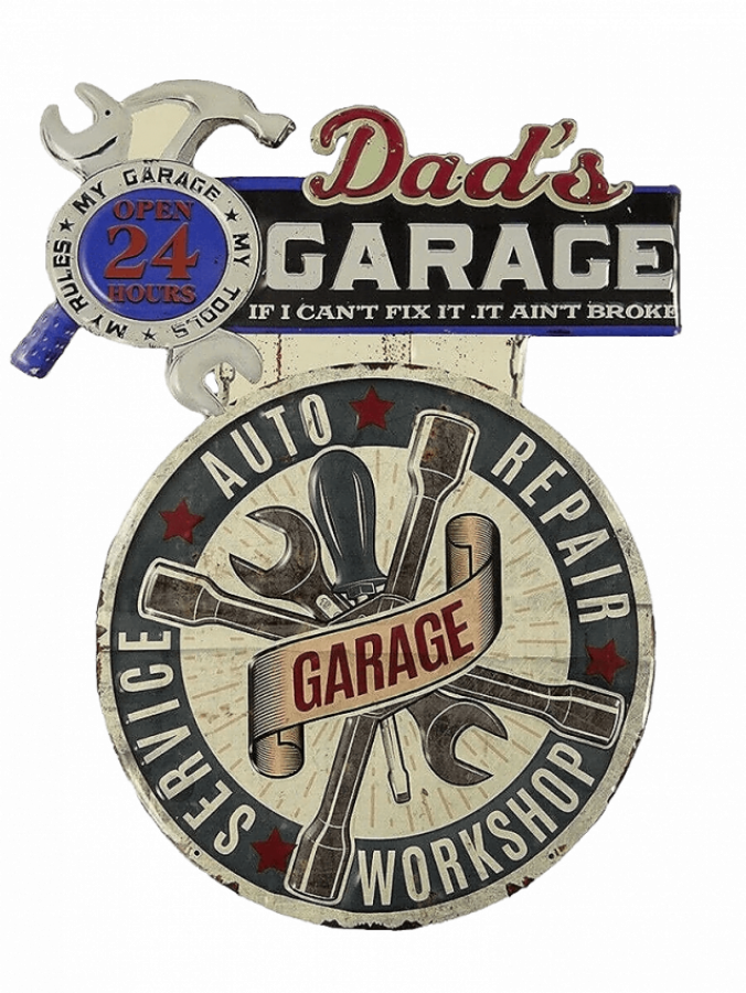 Wandschild Dads Garage gestanzt mit schraubenschlüssel und Schraubendreher