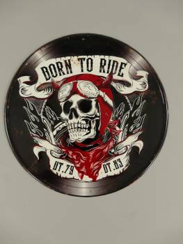 rundes Eisen Wandschild mit Totenkopf Born to Ride